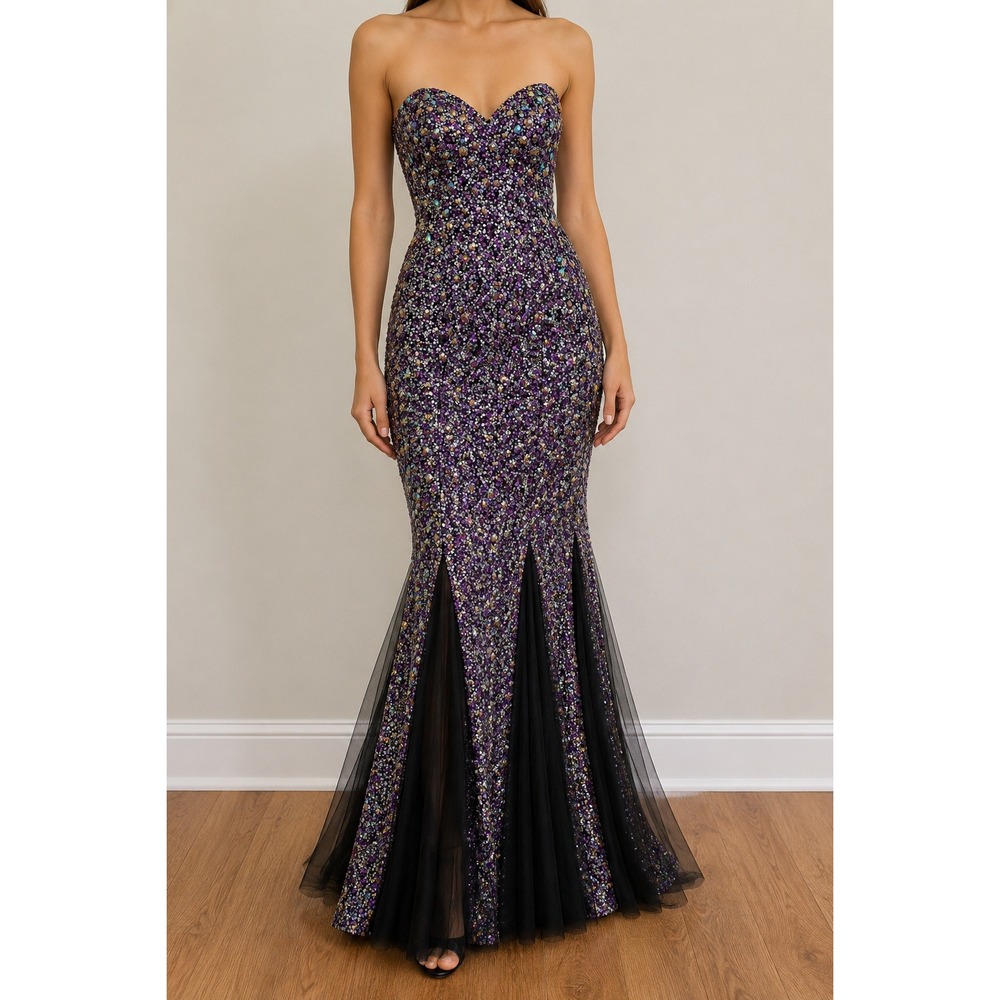 Strapless Mermaid Dress 4 Bead Mesh Lace Y2K‎ Glam Evening Gown Maximalism Train